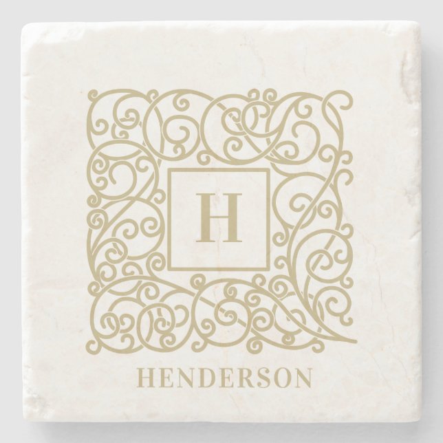 Elegant Personalised Monogram Family Name Stone Coaster (Front)