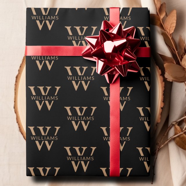 Elegant Personalised Monogram Name Custom Black Wrapping Paper (Elegant Personalized Monogram Name Custom Black Wrapping Paper)