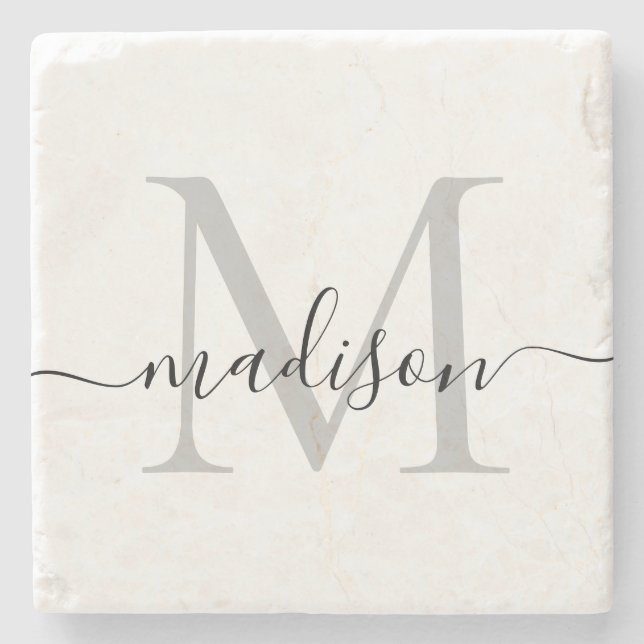 Elegant Personalised Monogram Script Name Stylish Stone Coaster (Front)