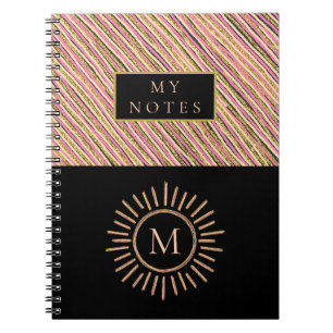 Elegant Personalised Monogram Stripes Yellow Gold Notebook