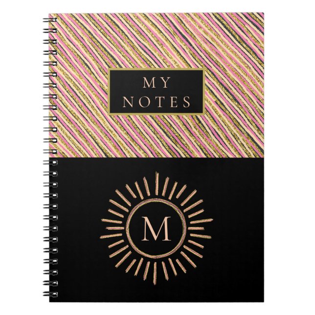 Elegant Personalised Monogram Stripes Yellow Gold Notebook (Front)
