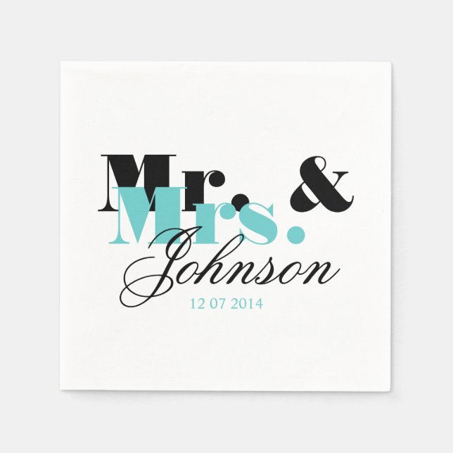 Elegant personalised Mr and Mrs wedding napkins (Front)