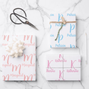 Elegant Personalised Name, Monogram Pink and Blue Wrapping Paper Sheet