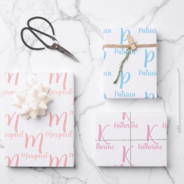 Elegant Personalised Name, Monogram Pink and Blue Wrapping Paper Sheet (Front)