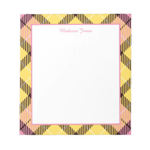 Elegant Personalised Name Yellow Pink Tartan Frame Notepad