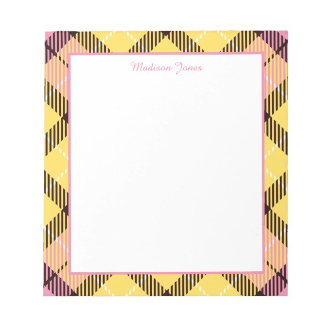 Elegant Personalised Name Yellow Pink Tartan Frame Notepad (Front)