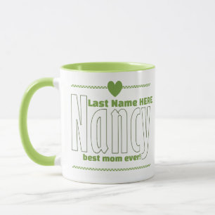 Elegant Personalised "Nancy" Name, Green Heart Art Mug