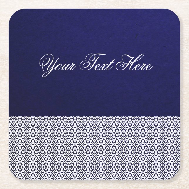 Elegant personalised navy blue white ornamental square paper coaster (Front)