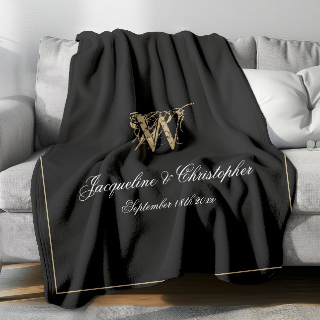 Elegant Personalised Newlywed Keepsake Monogram Fleece Blanket (Gold monogram with white names on black fleece blanket)