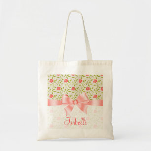 Elegant Personalised Pink Floral and Pink Ribbon Tote Bag