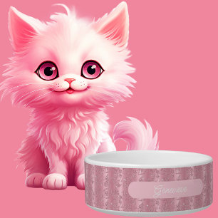 Elegant Personalised Pink Glitter Damask Cat Bowl