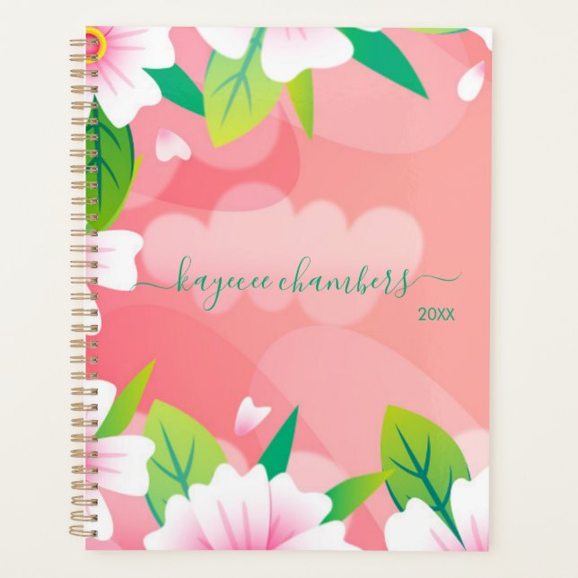Elegant Personalised Pink & White Flowers Custom Planner (Front)