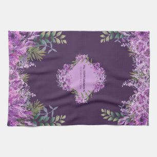 Elegant Personalised Purple and Aubergine Floral  Tea Towel