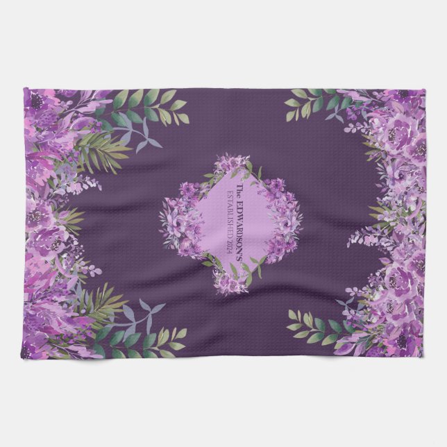 Elegant Personalised Purple and Aubergine Floral  Tea Towel (Horizontal)