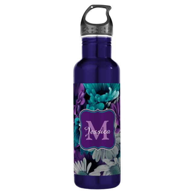 Elegant Personalised Purple and Blue Flowers 710 Ml Water Bottle (Front)
