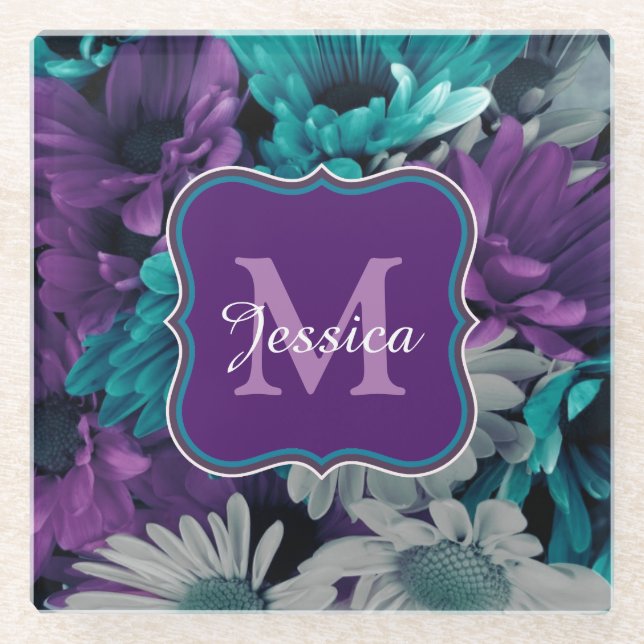 Elegant Personalised Purple and Blue Flowers Glass Coaster (Front)