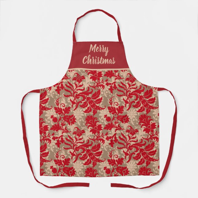 Elegant Personalised Red Floral Christmas Apron (Front)