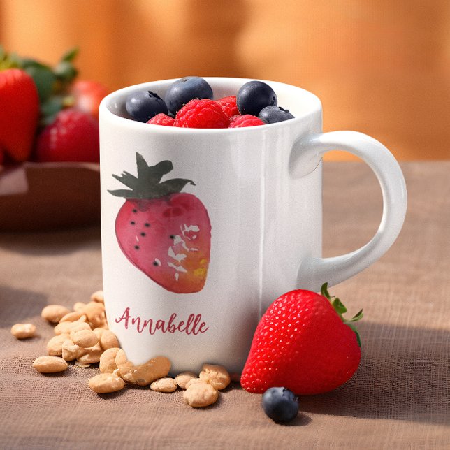 Elegant Personalised Red Watercolor Strawberry  Coffee Mug (This strawberry mug features my hand-painted watercolor berry, plus your name in chic retro script.)