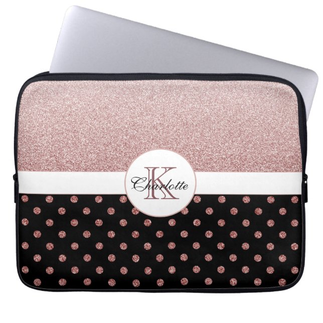 Elegant Personalised Rose Gold Glitter Monogram Laptop Sleeve (Front)