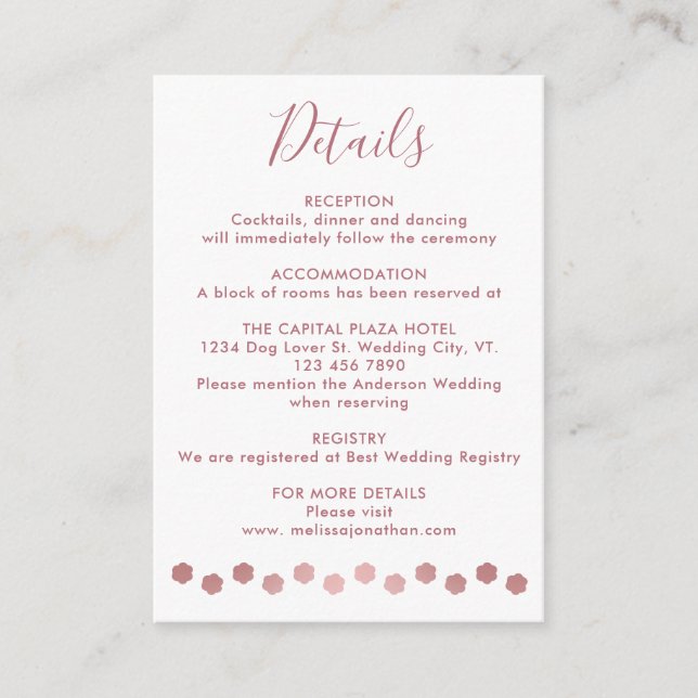 Elegant Personalised Rose Gold Pet Wedding Details Enclosure Card (Front)