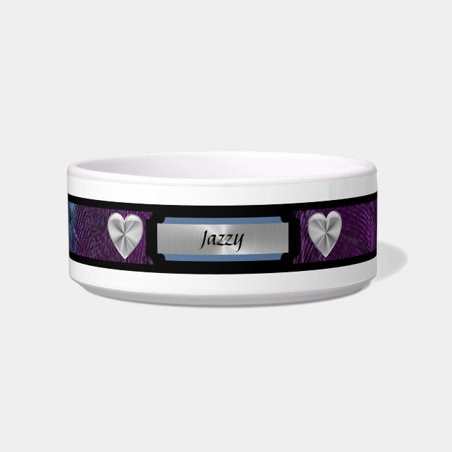 Elegant Personalised Royal Purple Dog Bowl w/Heart (Front)