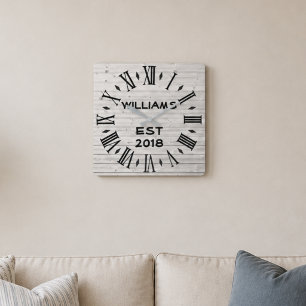 Elegant Personalised Rustic White Wood Square Wall Clock