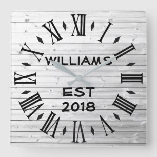 Elegant Personalised Rustic White Wood Square Wall Clock