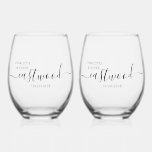 Elegant Personalised Script Couple Name Wedding Stemless Wine Glass<br><div class="desc">An elegant pair of wedding wine glasses personalise with your names in a modern script with your wedding date. Create a set for 2,  or buy in multiples for your wedding reception,  or rehearsal dinner,  bridal shower,  bachelorette party,  or bachelor party.</div>