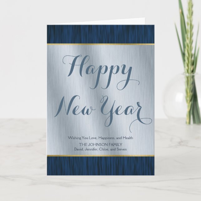Elegant Personalised Silver and Blue Wood New Year Holiday Card (Front)