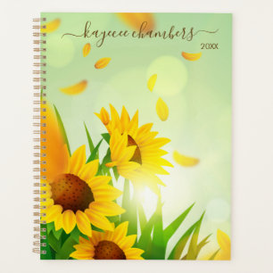 Elegant Personalised Sunflowers On Green Custom Planner