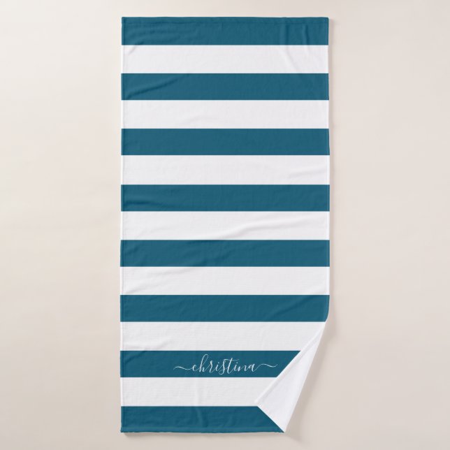 Elegant Personalised Teal Blue White Stripes Bath Towel (Bath Towel)