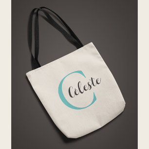 Elegant Personalised Teal Initial Name Tote Bag