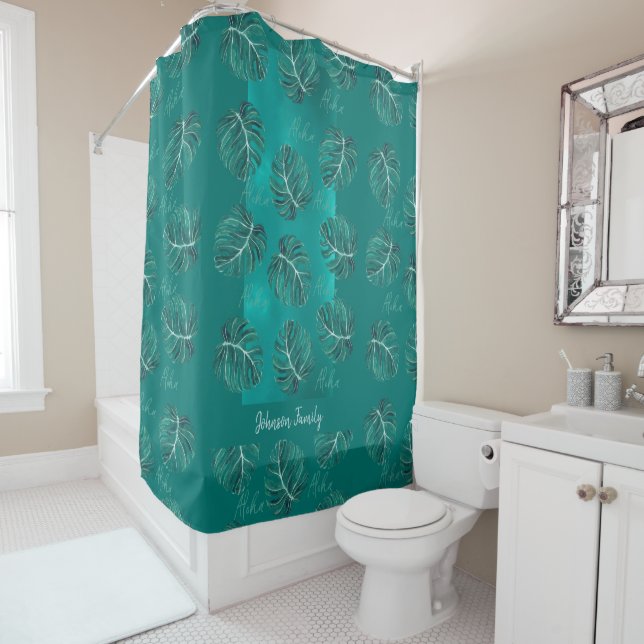 Elegant personalised tropical palm leaves pattern shower curtain (In Situ)