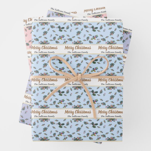 Elegant Personalised Watercolor Christmas Floral Wrapping Paper Sheet (In situ)