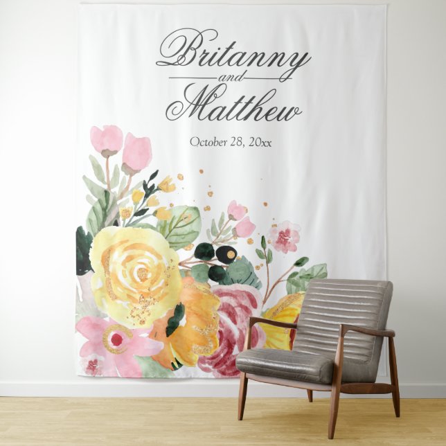 Elegant Personalised Watercolor Floral Wedding Tapestry (In Situ)