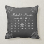 Elegant Personalised Wedding Anniversary Calendar Cushion<br><div class="desc">Celebrated your big day with these elegant personalised throw pillows. The simple design features a black and white calendar with modern floral elements. The elegant typography can be easily personalised with the name of the couple and their wedding date. Don't forget to click "Customise further" to move the heart shape...</div>