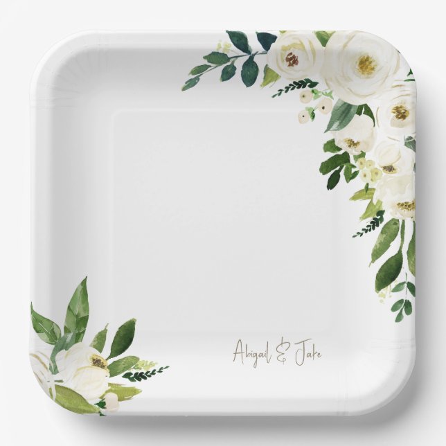 Elegant Personalised White Floral Wedding Paper Plate (Front)