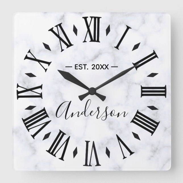 Elegant Personalised White Marble Square Wall Clock (Front)