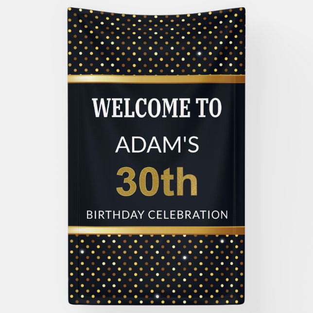 Elegant Personalized 30th Birthday Gold And Black Banner (Vertical)