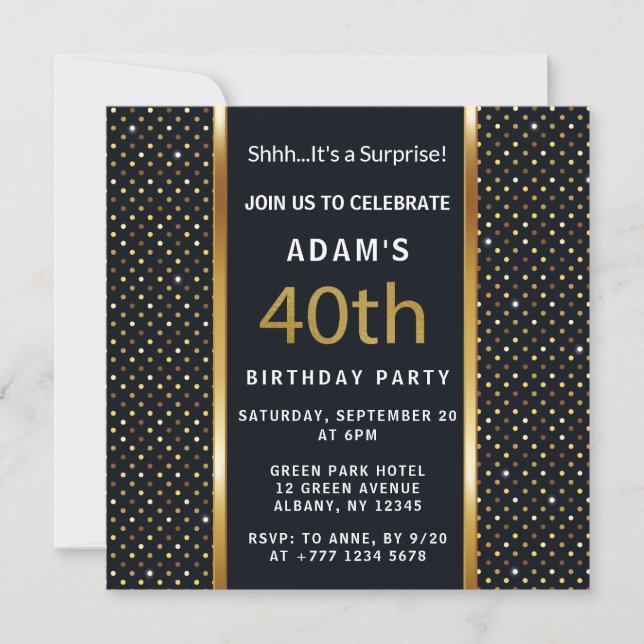 Elegant Personalized 40th Birthday Gold And Black Invitation (Front)