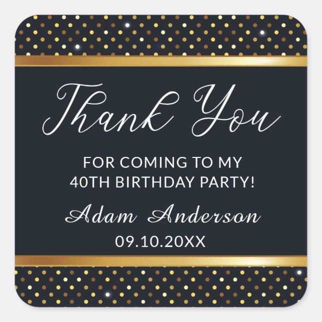 Elegant Personalized 40th Birthday Gold And Black Square Sticker (Front)