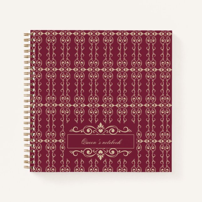 Elegant Personalized Burgundy & Gold Floral Swirl  Notebook (Front)