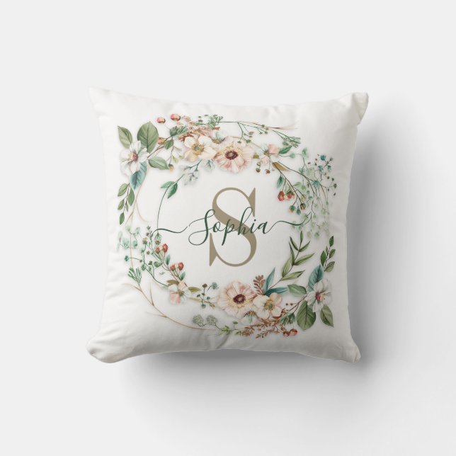Elegant Personalized Floral Monogram Name Cushion (Front)