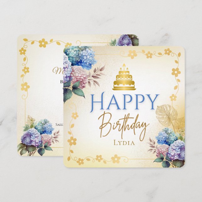 Elegant Personalized Hydrangea Flat Birthday Card (Front/Back)