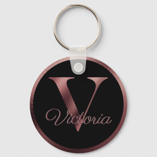 Elegant Personalized Rose Gold Monogram Letter V Key Ring (Front)
