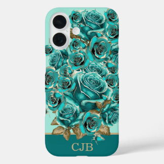 Elegant Personalized Vintage Teal Rose iPhone 16 Case