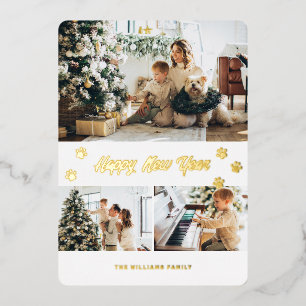 Elegant Pet Owner Paw Photo Happy New Year Gold Foil Holiday Card