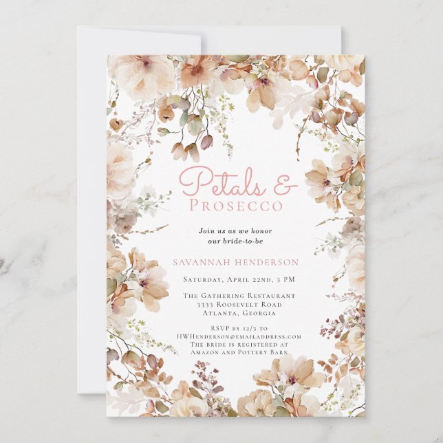Elegant Petals and Prosecco Floral Bridal Shower Invitation (Front)