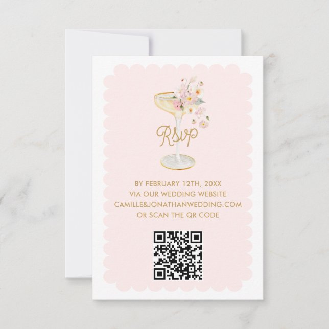 Elegant Petals and Prosecco QR Code RSVP Card (Front)