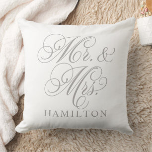 Elegant Pewter Grey Mr and Mrs Script Wedding Cushion